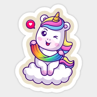 Cute Unicorn Playing Slime Rainbow On Cloud Cartoon Sticker